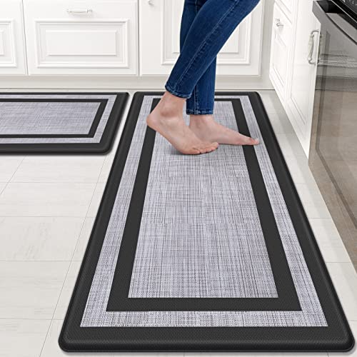 Mattitude Kitchen Mat [2 PCS] Cushioned Anti-Fatigue Non-Skid Waterproof Rugs Ergonomic Comfort Standing Mat for Kitchen, Floor, Office, Sink, Laundry, Black and Gray - 17.3" x 47 "+ 17.3" x 29 "--0.40 inches - Black