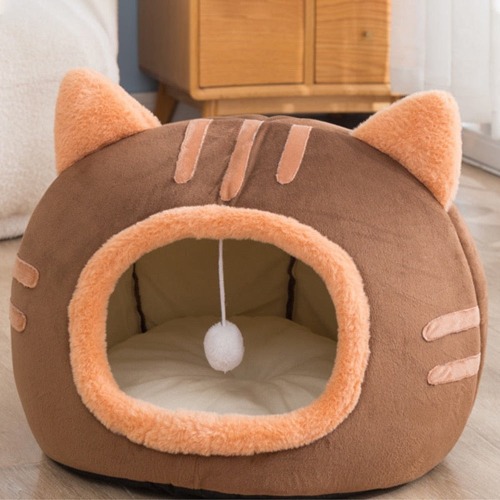 Adorable Plush Cat Head Pet House - Coffee