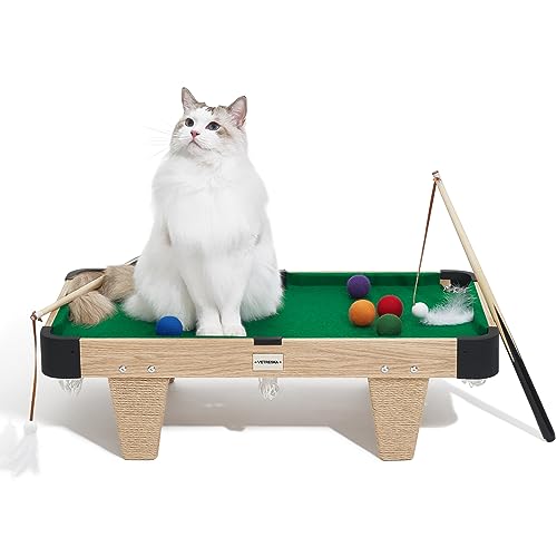 VETRESKA Cat Tree Pool Table Tower,4 in 1 Mini Pool Table for Cats Toys,Cat Tower with Scratching Post,Cat Feather Wand Toy,Cat Billiard Ball Toy,Cat Beds & Furniture for Exercise Perch Play Rest - Cat billiard