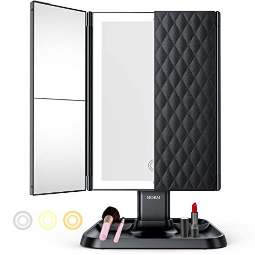 Trifold Makeup Vanity Mirror with Lights - 3 Color Lighting Modes 72 LED , Touch Control Design, 1x/2x/3x Magnification, Portable High Definition Cosmetic Lighted Up Mirror (Black) - Black