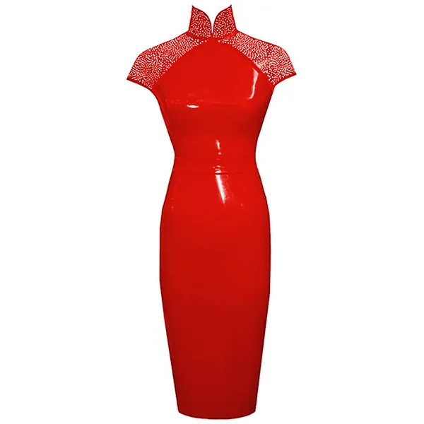 Latex Restricted Cheongsam Dress w/ Belt in supatex red