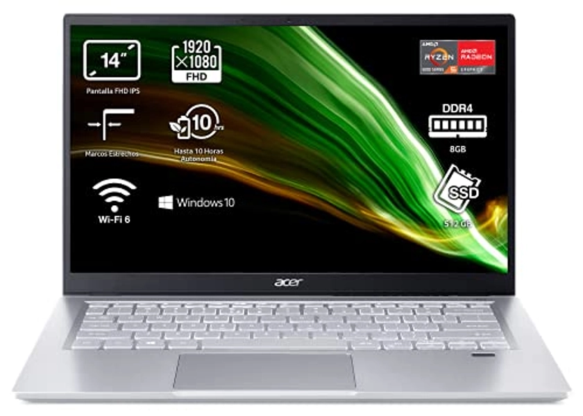 Acer Swift 3 SF314-43-R1PS - Ordenador Portátil Ultrafino 14" FullHD (AMD Ryzen 5 5500U, 8GB RAM, 512GB SSD, AMD Radeon Graphics, Windows 10 Home) Plata - Teclado QWERTY Español