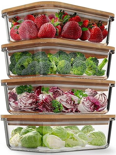 Glass Food Storage Containers with Bamboo Lids (4 Pack, 36 Ounce) Eco Friendly Meal Prep Containers Airtight – Plastic Free, BPA Free