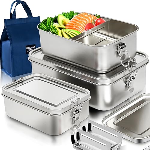 Pulazon Stainless Steel Bento Box 3 Pack 304 Stainless Steel Lunch Box,Leak Proof Stainless Steel Food Containers With Lids(81oz/47oz/29oz) Stainless Steel Lunch Containers With 3 Compartments