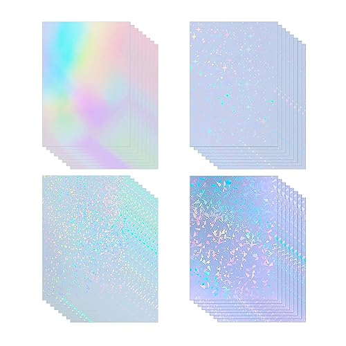 32 Sheets Holographic Clear Vinyl Holographic Stickers Paper Self-Adhesive Transparent Holographic Overlay Film with A4 Size 4 Styles Mixed - Stars,Sparkle,Clear Holo,Broken glass
