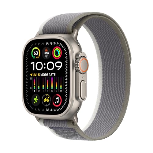 Apple Watch Ultra 2 [GPS + Cellular 49mm] Smartwatch with Rugged Titanium Case & Green/Grey Trail Loop S/M. Fitness Tracker, Precision GPS, Action Button, Extra-Long Battery Life, Carbon Neutral - Titanium Case with Green/Gray Trail Loop - S/M - fits 130-180mm wrists