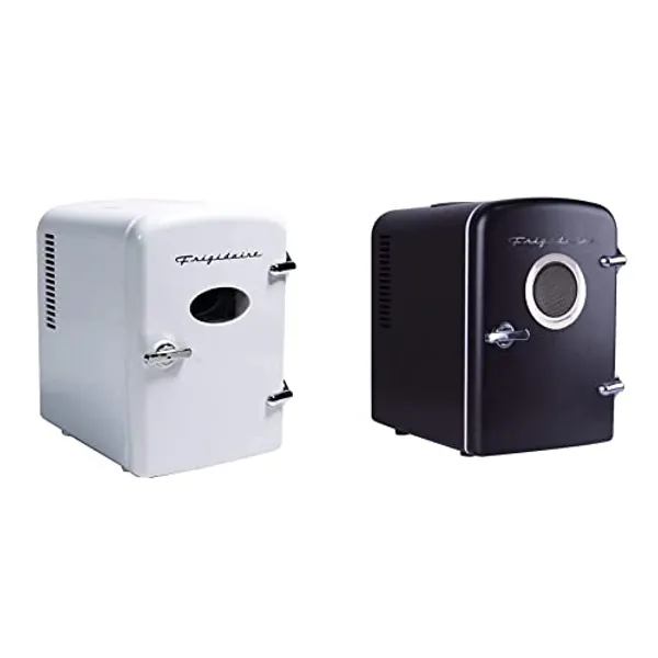 Frigidaire EFMIS129-WHITE 6 Can Beverage Cooler, White & EFMIS151 Mini Portable Compact Personal Home Office Fridge Cooler BUILT IN SPEAKER, 4L Capacity