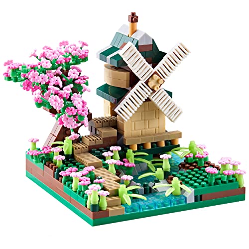 Architecture River Windmill Sakura Tree Plants Set