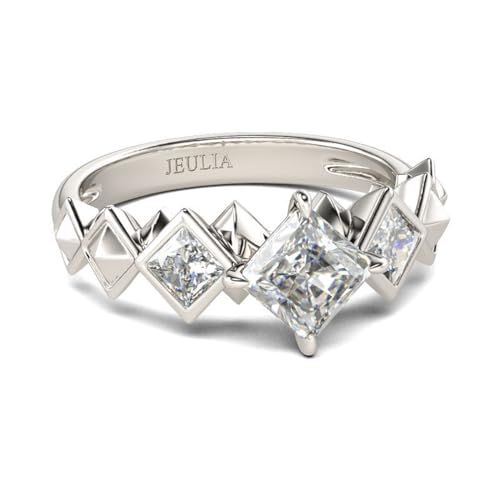 Engagement or Wedding Ring Three Stone Princess Cut Anniversary Promise Rings for Her Women Girls with Jewelry Box - Silver - N-½