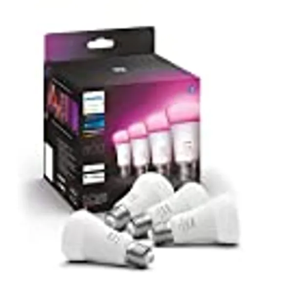 Philips Hue NEW White and Colour Ambiance Smart Light Bulb 4 Pack 60W - 800 Lumen [E27 Edison Screw] With Bluetooth. Works with Alexa, Google Assistant and Apple Homekit