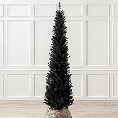 Christow Black Pencil Christmas Tree 7ft, Artificial Slim Spruce, Modern Indoor Xmas Decoration, Lifelike Forked Branches with PVC Needles, Easy Assembly with Stand, Tip Count 401 (skirt not included) - 7ft