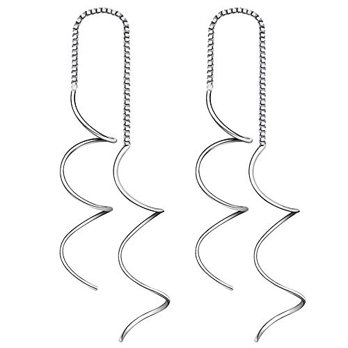 Yaneno 925 Sterling Silver Fresh Style Threader Pull Through Dangle Earrings Curve Twist for Women - White