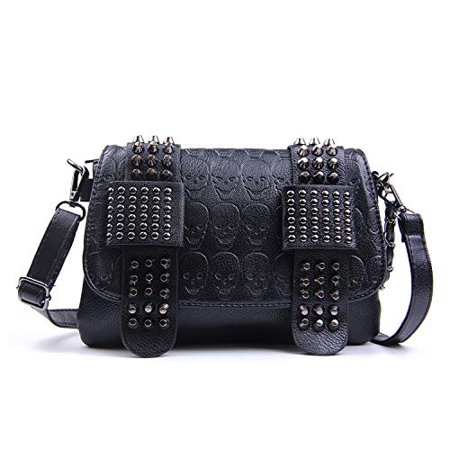 SUKUTU Womens Punk Skull Rivet Shoulder Bag PU Leather Goth Crossbody Bag with Chain Wallet Purse for Girls - Skull Shoulder Bag - a