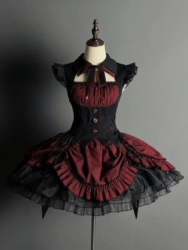 [$89.50]Red and Black Boned Waist Drawstring Striped Pattern Hem Halloween Gothic Lolita Dress
