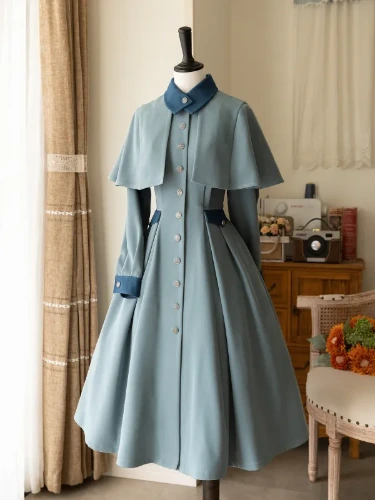 [$97.00]Beauxbatons Uniform Inspired Dusty Blue Elegant Vintage Front Button Placket One Piece with Detachable Cape