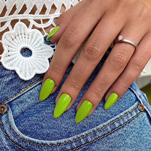 Medium Length Press on Nails Almond Shape,Xcreando Neutral Easy Fake Nails Acrylic Full Cover Gel Opaque False Nails Simple Mani for Women Girl Daily Working(Grass Green) - Grass Green