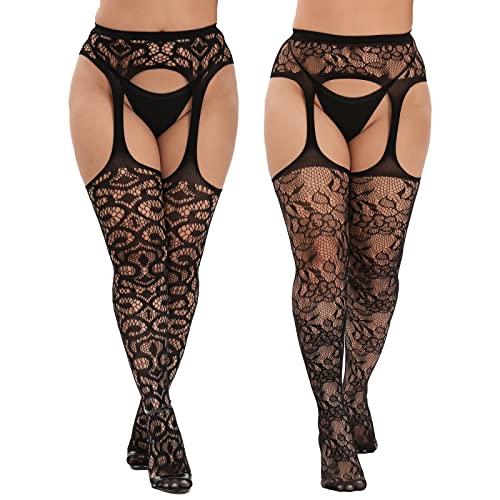 MANZI Plus Size Stockings Thigh High Fishnet Stockings Suspender Patterned Tights for Women (Pack of 2) - X-Large-3X-Large - Patternc-round