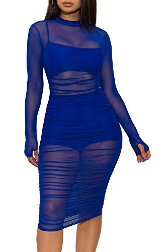 Sprifloral Women Long Sleeve Bodycon Dress - Sexy See Through Sheer Mesh Cover Up Ruched Dress Club Outfits - Solid-blue - X-Large