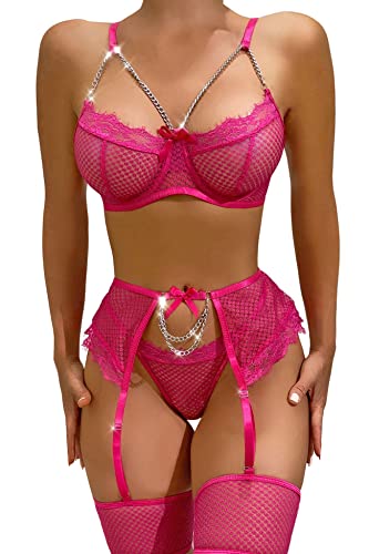 Aranmei Women’s Sexy Eyelash Fishnet Lingerie Set Chain Babydoll Underwire Bra and Panty Sets with Garter Belt 4 Pieces - X-Large - Rose Red