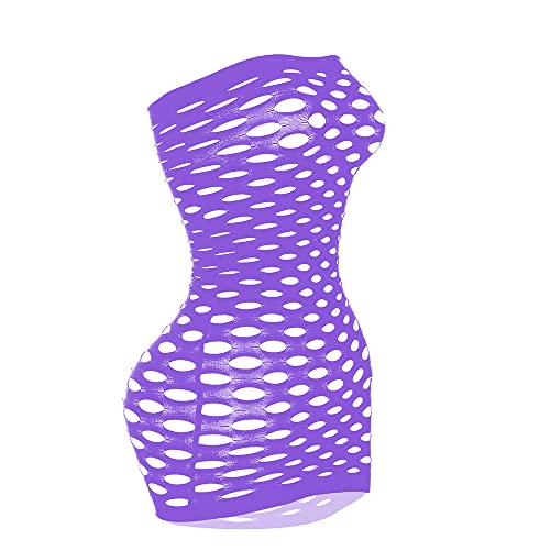 Vorifun Sexy Womens Strapless Fishnet Lingerie Sleepwear Mini Dress Tube Chemise Bodysuit One Size - Light Purple