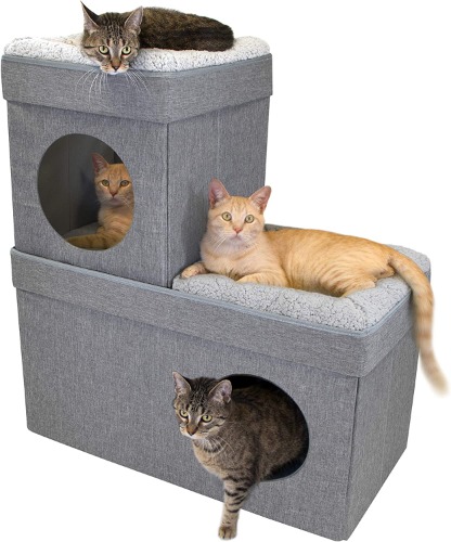 Kitty City Large Stackable Grey Condo, Cat Cube, Cat House, Pop Up Bed, Cat Ottoman, Mansion - Gray