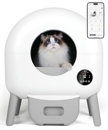 Self Cleaning Litter Box -110L Automatic Cat Litter Box Self Cleaning, All Litter Can Use, with 1 Roll Garbage Bags and Mat, App Control, White - Big Grey
