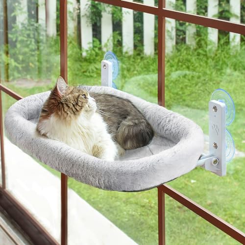 AMOSIJOY Cordless Cat Window Perch, Cat Hammock for Wall with 4 Strong Suction Cups, Solid Metal Frame and Two Replaceable Covers, Foldable Cat Beds for Indoor Cats (Large-Cushion Bed-Gray) - Gray Cushion Bed Cover - Large