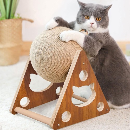 AGYM Cat Scratcher Toy, Natural Sisal Cat Scratching Ball, Cat Scratcher Toy with Ball, Scratching Ball for Cats and Kittens, Interactive Solid Wood Scratcher Pet Toy, Diameter 6.5 Inch - Classic