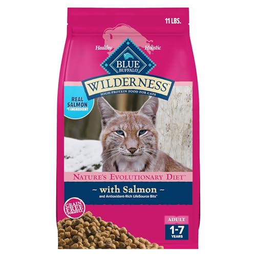 Blue Buffalo Wilderness Natural High Protein, Grain Free Dry Food for Adult Cats, Salmon, 11-lb Bag - Salmon - 11 Pound (Pack of 1)