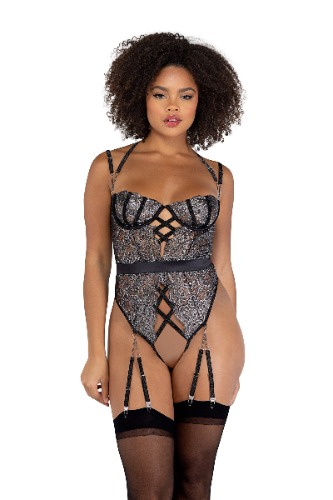 LI470 - Sparkle Gartered Crotchless Teddy - Roma Confidential - Large / Black