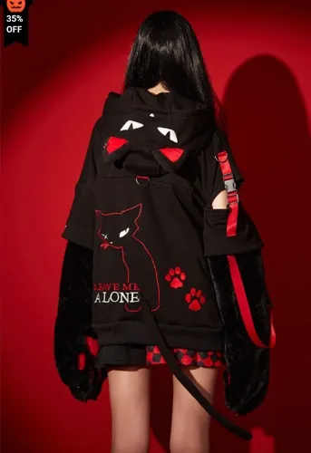 Black Bad Kitten Club Print Cat Pullover Hoodie with Furry Paw Gloves