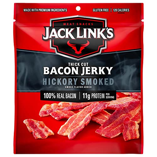 Jack Link's Bacon Jerky, Hickory Smoked, 2.5 oz. Bag - Flavorful Ready to Eat Meat Snack with 11g of Protein, Made with 100% Thick Cut, Real Bacon - Trans Fat Free (Packaging May Vary) - Bacon Jerky - 2.5 Ounce (Pack of 1)