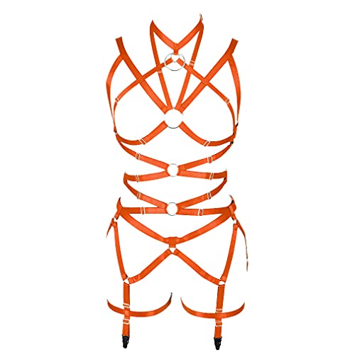 PETMHS Women's Punk Cut Out Harness Body Full Strappy Lingerie Garter Belts Set Elasticity Goth Club Rave Wear - Tangerine