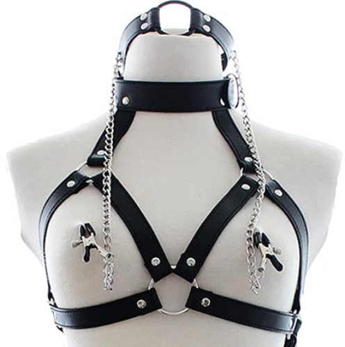 UTIMI Sex Bondage Nipple Clamp SM Chest Harness Breast Clamp Neck Collar Restraint for Sex Game - Black