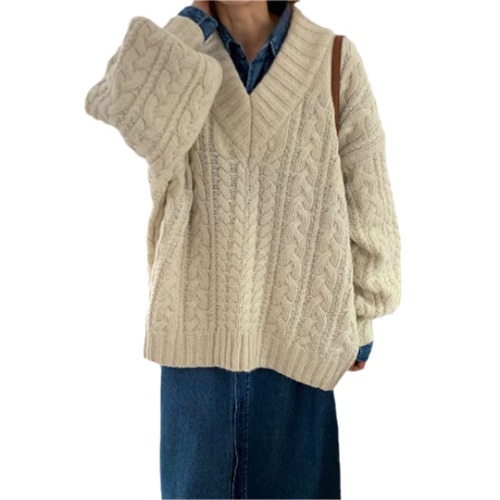 Ladies Autumn Knitted Sweater Twisted Loose Simple Knitted Sweater - One Size Grey White