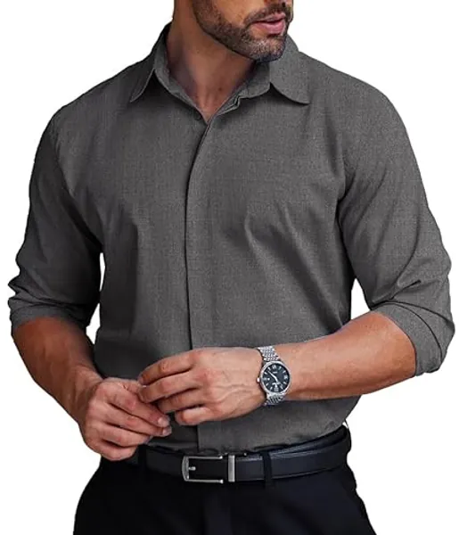 COOFANDY Men's Formal Dress Shirt Hidden Button Front Wrinkle Free Shirt Regular Fit Stretch Business Casual Shirts - 3X-Large - Dark Grey