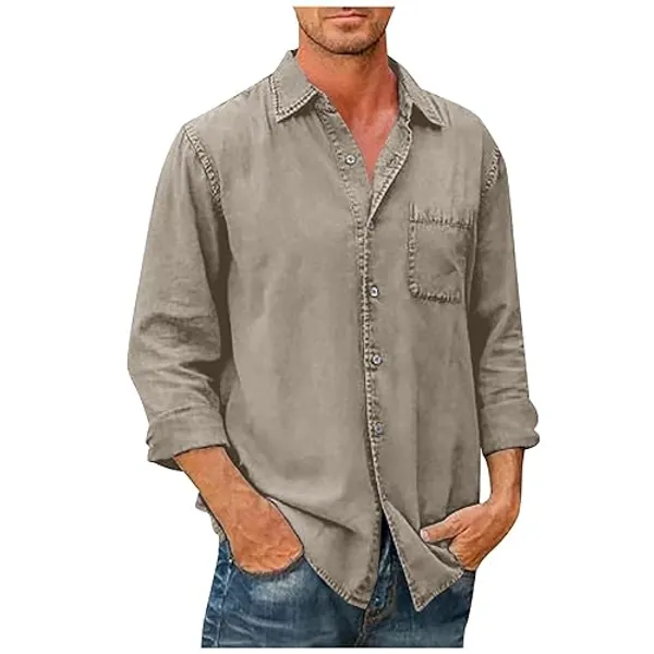 Ymosrh Men's Shirts Spring Summer Casual Cotton Linen Solid Color Long Sleeve Shirts Loose Button Down Shirt, M-5XL - 5X-Large - Light Gray