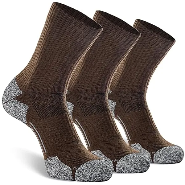 CWVLC Crew Hiking Socks, Cushion, Moisture Wicking, Arch Compression Boot Socks - Large - Brown (3 Pairs)