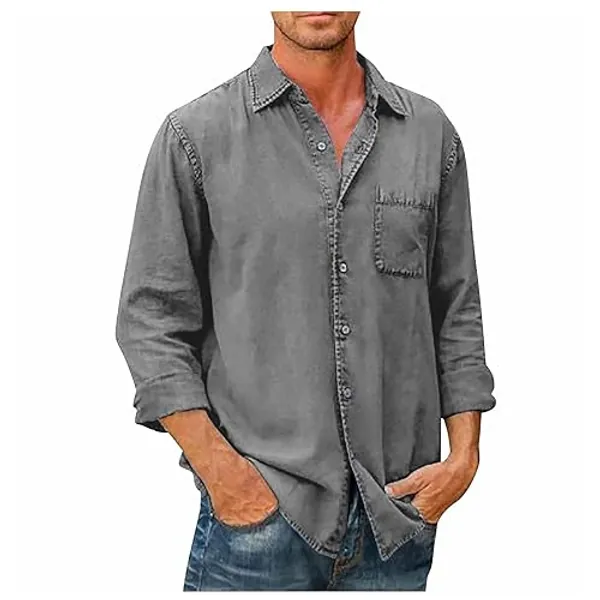 Ymosrh Men's Shirts Spring Summer Casual Cotton Linen Solid Color Long Sleeve Shirts Loose Button Down Shirt, M-5XL - 5X-Large - Gray