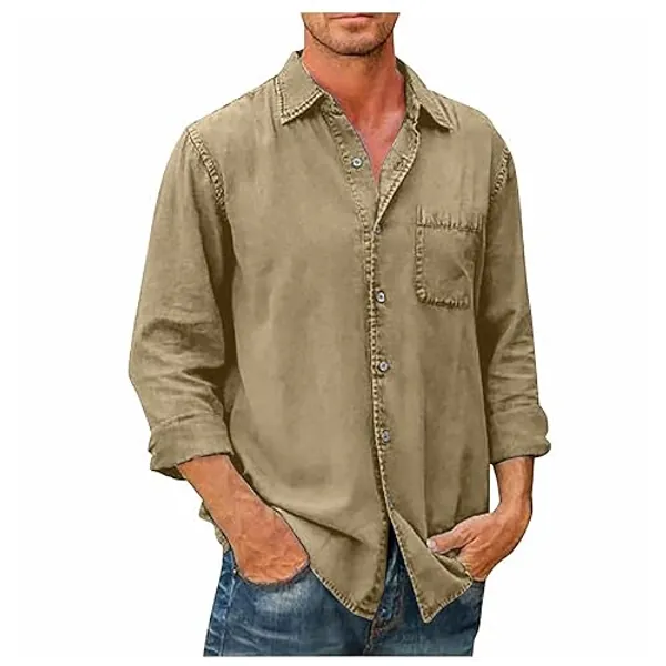 Ymosrh Men's Shirts Spring Summer Casual Cotton Linen Solid Color Long Sleeve Shirts Loose Button Down Shirt, M-5XL - 5X-Large - Khaki