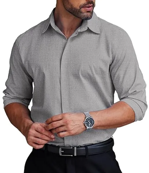 COOFANDY Men's Formal Dress Shirt Hidden Button Front Wrinkle Free Shirt Regular Fit Stretch Business Casual Shirts - 3X-Large - Light Grey