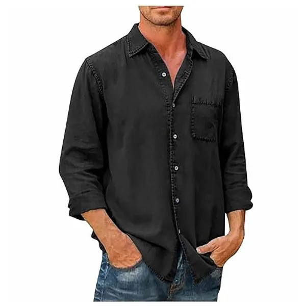 Ymosrh Men's Shirts Spring Summer Casual Cotton Linen Solid Color Long Sleeve Shirts Loose Button Down Shirt, M-5XL - 5X-Large - Black