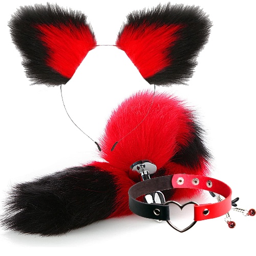 Costume Accessory Set for Women Handmade Ears Plush Tail Neck Collar Set Cosplay Costume Party Cute Dress Up Accessories - Red-1