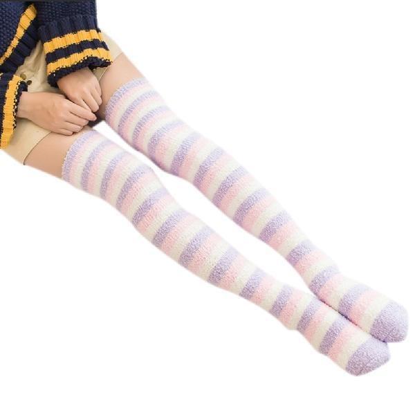 Fuzzy Striped Thigh Highs - Purple & Pink Striped