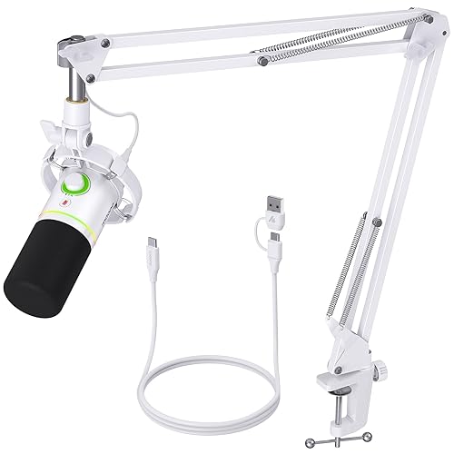 MAONO XLR/USB Dynamic Microphone Kit, RGB Podcast Mic with Software, Mute, Gain Knob, Volume Control, Boom Arm for Streaming, Gaming, Voice-Over, Recording-PD200XS White - White