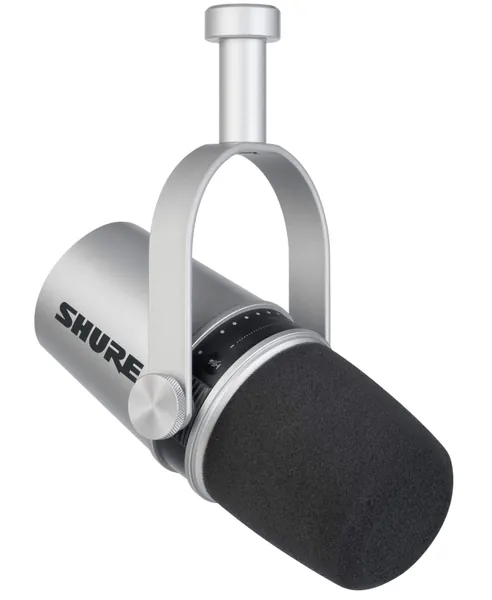 Shure MV7 USB-podcastmicrofoon voor podcasting, opnemen, live streaming en gamen; ingebouwde koptelefoonuitgang, dynamische USB/XLR, voice isolating-techniek, gecertificeerd voor TeamSpeak - Zilver