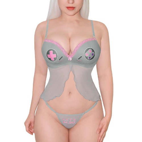 LittleForBig Women Nightwear Lace Strap Chemise Halter V Neck Sleepwear - Let’s Play Gamer Girl Lingerie Set