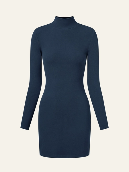 Cozy Brushed Mockneck Bodycon Mini Dress - Navy / S