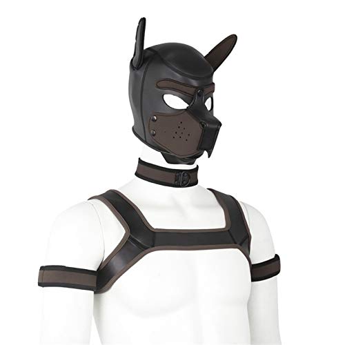 Masque en latex doux avec oreilles pour chiot - Kit de mascarade pour fête cosplay (masque, collier, brassard, sangle) - L - Marron