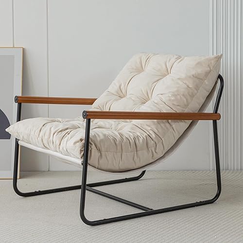 MAXYOYO Accent Chair, Velvet Arm Chair Living Room Chair with Metal Frame, Reading Accent Chair, Modern Bedroom Chair, Boucle Armchair with Wooden Arms, Beige - Beige